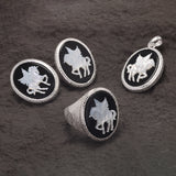 925 Sterling Silver Unicorn Cameo Onyx Ring Woman Black Onyx Earrings Pendant Round Shaped Fashion Vintage Jewelry Set