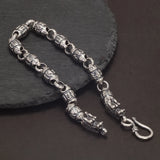 Solid 925 Silver Dragon Heads Six-words Bracelet for Men Women Mantra Beaded Chain Retro Punk Style Unisex Jewelry