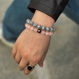 Natural Rose Quartz Beads Bracelets with Heart-shape Sandalwood Bead 925 Sterling Silver Accessories Female Male Jewelry