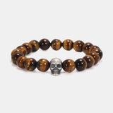 Vintage 925 Sterling Silver Skull Beaded Bracelet Natural Tiger Eye Agate Stone Beads Men Women Couple Fine Jewelry