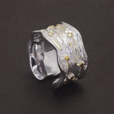 925 Sterling Silver Fashion Ring with Meteor Pattern Irregular Band Adjusted Size 7-9 Retro Trendy Fine Jewelry