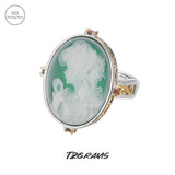 S925 Sterling Silver Natural Gemstone Jewelry Green Onyx Goddess Cameo Ring Gold Color Oval Statement Rings for Ladies