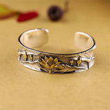 Real 925 Sterling Silver Bangles for Women Wide Bracelet Gold Color Lotus Carved Opening Cuff Buddhist Jewelry