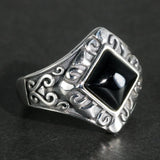 Solid 925 Sterling Silver Retro Punk Women Rings With Natural Black Agate Square Stone Engraved Antique Flowers