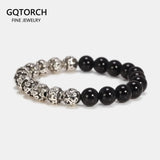 8mm Natural Black Onyx and OM Mantra Beads Bracelet Men's Women's Elastic String White Copper Sutra Prayer Buddhist Jewelry