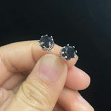 True 925 Pure Silver Crown Earrings Studs for Men and Women 6mm Round Black Zircon Simple Retro Jewelry Gift