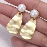 925 Sterling Silver Water Drop Earrings with Natural Pearl Gold Plating Vintage Scratch Wave Pattern Elegant Female Jewelry