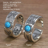 Retro S925 Sterling Silver Inlaid Turquoise Ring Indian Style Simple Adjustable Fine Jewelry for Men and Women