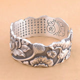 120g Heavy Solid 999 Pure Silver Fish Lotus Cuff Bracelet Engraved Heart Sutra Thick Vintage Thai Silver Bangle Buddhist Jewelry