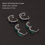 Pure 925 Silver Cut Green Black Agate Hoop Earrings Natural Gemstone Huggie Earrings Women Men Unisex Fashion Vintage Jewelry