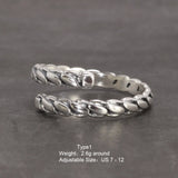 Real Sterling Silver Men's and Women's Braid Ring Retro Design Adjustable Simple Jewelry with Staggered Edges