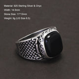 925 Sterling Silver Black Onyx Stone Signet Ring for Men Vintage Retro Pattern Turkish Pinky Rings Punk Rock Trendy Jewelry