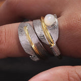 S925 Sterling Silver Vintage Leaf Feather Ring with Natural Oval Opal Two-tone Open Rings for Women Size 9-11 - GQTORCH Jewelry