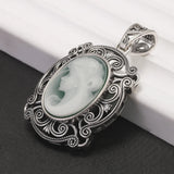 925 Sterling Silver Cameo Goddess Necklace for Women Green Agate Big Pendant White Shell Engraved Vintage Antiqued Jewelry