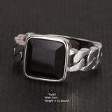 Genuine 925 Sterling Silver Chain Rings With Black Agate Inlaid Adjustable Size Natural Stone Ring Fine Jewelry