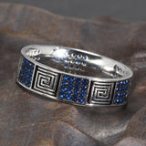 925 Sterling Silver Turkish RIngs Fret Pattern Religions Jewelry For Men and Women Blue Color Zircon Stone Paved Setting