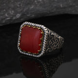 Solid S925 Silver Vintage Natural Stone Signet Ring Red Black Agate Green Jade Flower Engraved Fashion Turkish Wedding Jewelry
