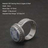 925 Sterling Silver Cat Cameo Ring for Women Round Blue Agate White Shell Vintage Fashion Statement Ring Birthday Party Gift