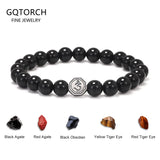 8mm Natural Stone Beaded Bracelet for Men Women 925 Sterling Silver Vajra Six Words Mantra Charm Obsidian Agate Handmade Jewelry