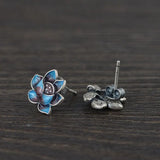 S925 Sterling Silver Retro Cloisonne Lotus Earrings for Women Fashion Ethnic Style Enameling Stud Earrings