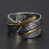 925 Silver Jewelry Feather Ring With Evil Eye Copper Line Retro Antique Men Jewelry Biker Hand Polishing US Size 7 8 9 10 11 - GQTORCH Jewelry