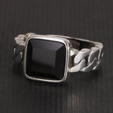 Genuine 925 Sterling Silver Chain Rings With Black Agate Inlaid Adjustable Size Natural Stone Ring Fine Jewelry