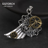 925 Sterling Silver Retro Punk Jewelry Thai Silver Men and Women Steampunk Gear Wing Hollow Pendant Jewelry