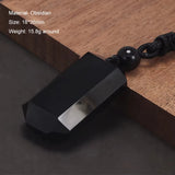 Natural Stone Geometric Pendant Necklace for Men Black Obsidian Blue Sandstone Adjusted Leather Rope Retro Vintage Jewelry