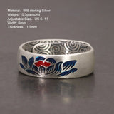 Enameling Lotus Rings for Women 999 Sterling Silver Retro Auspicious Cloud Buddhism Meditation Jewelry