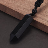 Natural Stone Geometric Pendant Necklace for Men Black Obsidian Blue Sandstone Adjusted Leather Rope Retro Vintage Jewelry