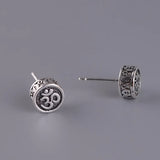 Real 925 Sterling Silver OM Mantra Stud Earrings For Women and Men Retro Antique Style Six-Word Sutra Buddhism Jewelry