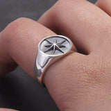Solid 925 Sterling Silver Eight Point Star Signet Ring for Men Octagram Open Ring Adjustable Punk Retro Antiqued Biker Jewelry