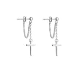 Real Sterling Silver S925 Jesus Cross Vintage Punk Style Earrings Chain Religious Jewelry for Men and Women