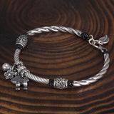 Real 999 Silver Men's and Women's Lucky Cat Lucky Woven Bracelet Leather Rope Adjustable Bracelet Lotus Fashion Animal Jewelry