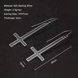 925 Sterling Silver Gothic Upside Down Cross Drop Earrings for Men Women Retro Punk Fashion Cool Hypoallergenic Ear Goth Jewelry