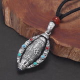 999 Pure Silver Six Words Mantra Pendant Necklace Natural Stone Rotating Prayer Wheel Om Mani Padme Hum Tibetan Buddhist Jewelry