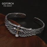 GQTORCH 925 Sterling Silver Gothic Feather Wing Cross Bangle Bracelet for Men Vintage Punk Style Halloween Jewelry Accessories
