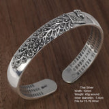 999 Sterling Silver Peacock Opening Cuff Bracelet For Women Heart Sutra Engraved Buddhist Thai Silver Jewelry bangles bracelets