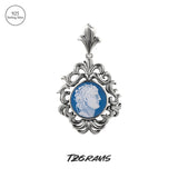 S925 Silver Blue Agate Cameo Pendant Necklace White Shell Portrait Geometric Vintage Retro Large Pendant Women Jewelry