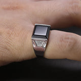 Solid Silver 925 Mens Rings Minimalist Turkish Rings For Men Black Square Natural Stone Turkey Male Jewelry Bague Homme