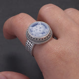925 Sterling Silver Cat Cameo Ring for Women Round Blue Agate White Shell Vintage Fashion Statement Ring Birthday Party Gift