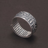 990 Pure Silver Lotus Ring Engraved Heart Sutra Amitabha Adjusted Antiqued Retro Buddhist Amulet Jewelry for Women Men