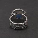 925 Sterling Silver Cat Cameo Ring for Women Round Blue Agate White Shell Vintage Fashion Statement Ring Birthday Party Gift