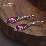 925 Sterling Silver Ethnic Vintage Ruby Earrings for Women Water Drop Shaped Rose Red Stone Luxury Female Wedding Party Jewelry