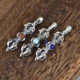 Real Solid 925 Sterling Silver Buddhism Vajra Pendant For Men and Women with Natural Lapis Turquoise Onyx Stone Amulet Jewelry