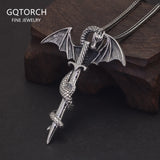 Genuine S925 Sterling Silver Viking Sword Dragon Pendant Necklace for Men Women Retro Punk Long Chain Jewelry Best Gift