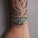 3pcs/set 925 Sterling Silver Feather Angle Wing Bangle Beads Rope Braided Bracelet Vintage Stackable Punk Rock Biker Jewelry