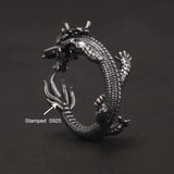 Genuine 925 Sterling Silver Punk Dragon Open Ring for Men Adjustable Retro Vintage Thai Silver Fashion Gothic Animal Jewelry