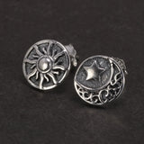 Real 925 Sterling Silver Sun God Moon Men Women Round Stud Earrings Vintage Punk Jewelry Best Gift