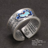 Real S999 Sterling Silver Lotus Fish Ring for Men and Women Enamel Bluing Sutra Buddha Ring Buddhist Jewelry Adjustable Size